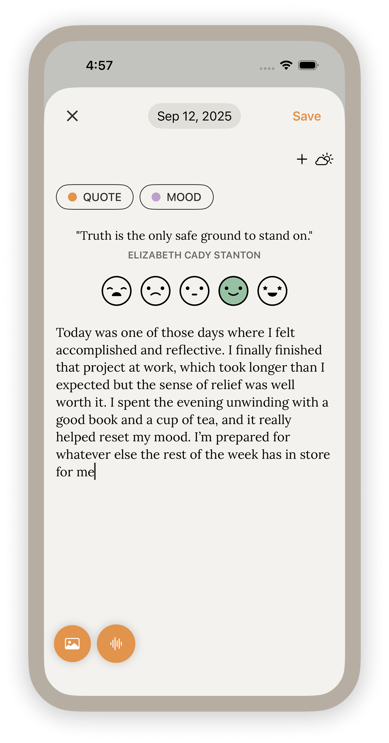 FiveYearJournal app showing screen for new journal entry.